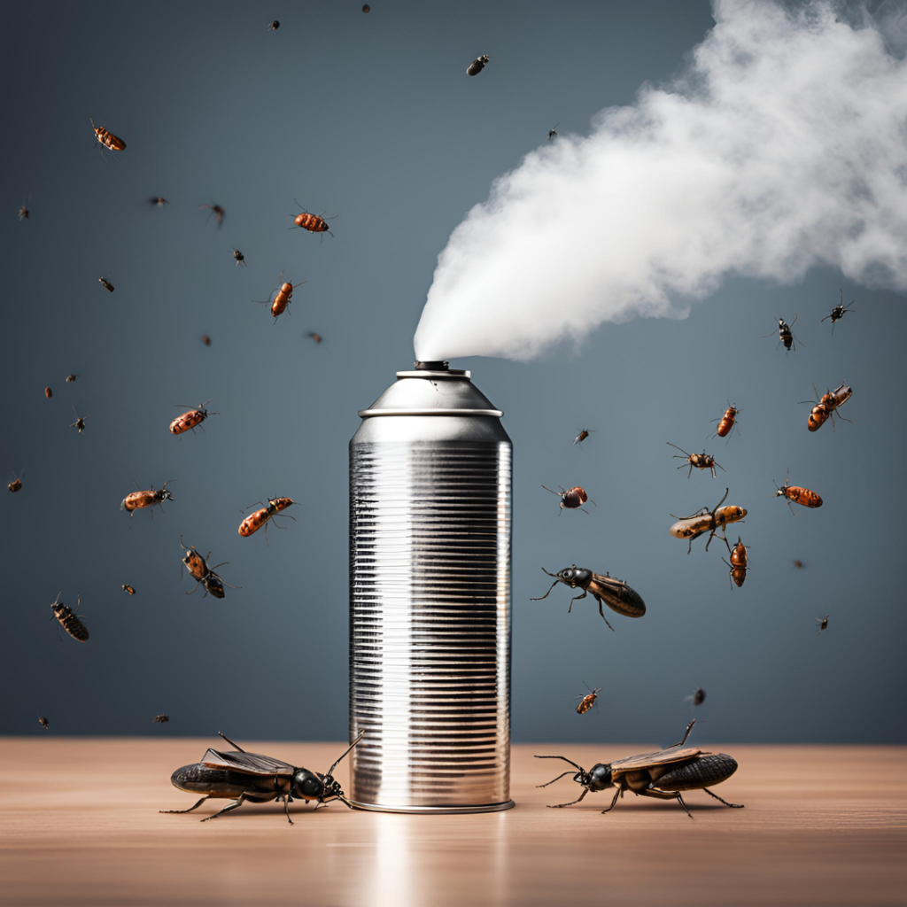 An aerosol can of chemical being sprayed to eliminate bugs.