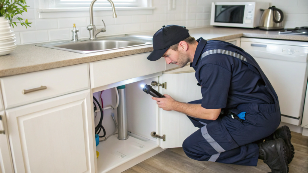 A 661 Pest Solutions pest control professional inspecting a well-maintained Bakersfield home, focused under the kitchen sink with a flashlight, ensuring thorough examination for pests.