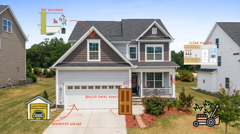 Exterior view of a well-maintained home with sealed entry points, clean kitchen visible through window, and neatly trimmed yard—pest prevention in action